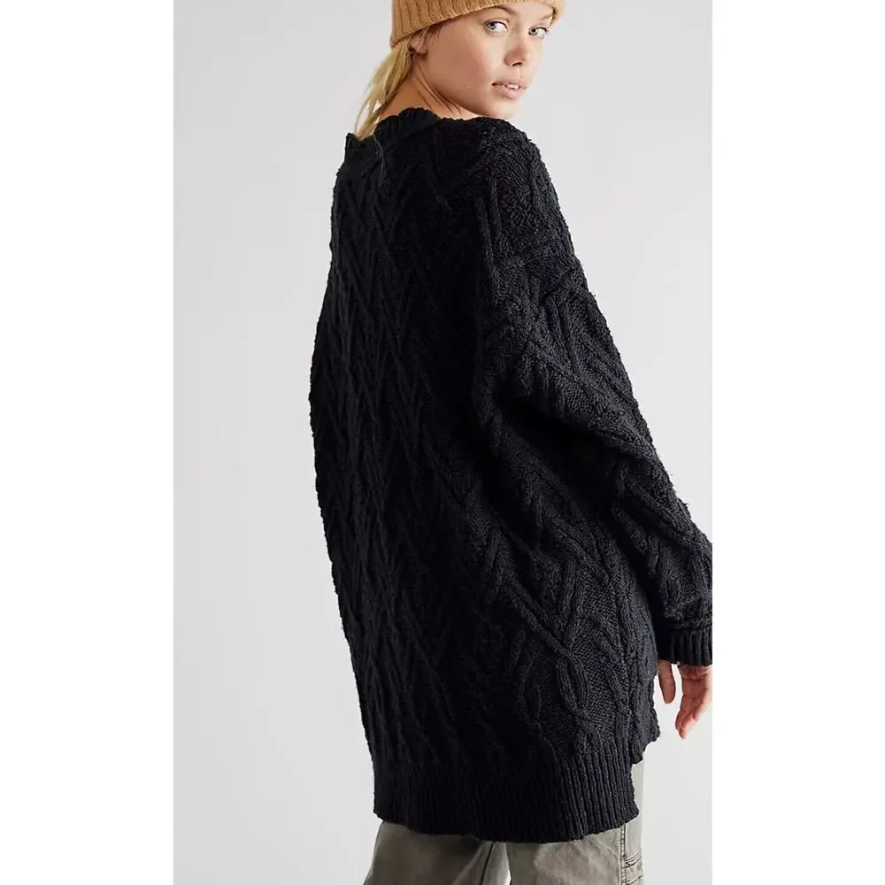 Free People Womens Montana Cable Knit Cardi Cardigan Sweater Black Size S - Picture 2 of 9